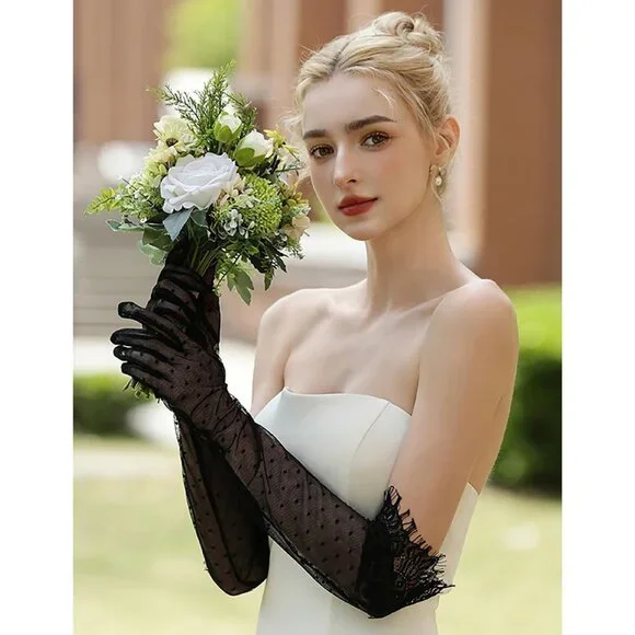 Women's Black Evening Long Lace Gothic Gloves Bridal Party Prom Costume - Picture 5 of 6